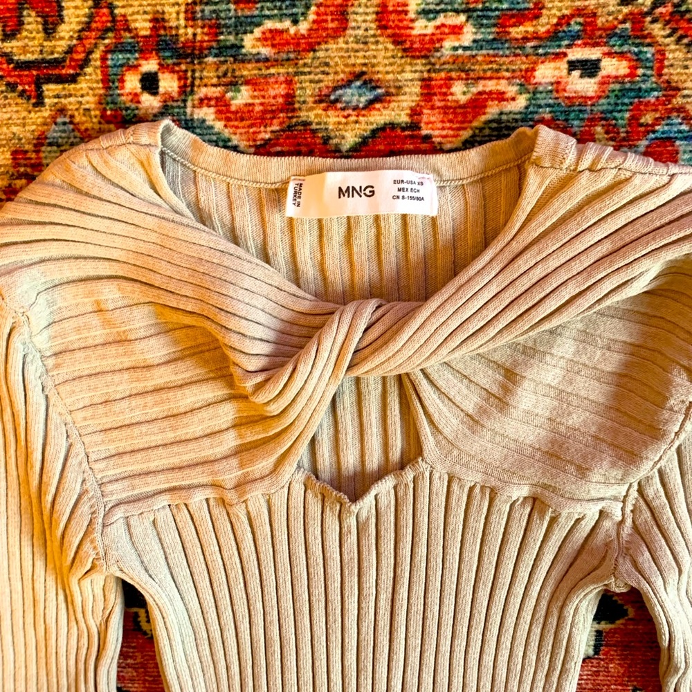 MNG Ribbed Cutout Knot Long Sleeve Top X-Small, beige
